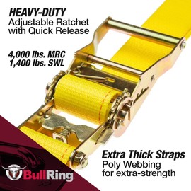 BullRing 2 Inch x 12 Foot Ratchet Tie Down Strap with E-Track Fittings, Yellow, 4000 lbs Capacity, Fits Ford Truck Beds with BoxLink Anchors