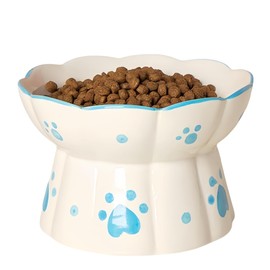 MEETOZ Ceramic Elevated Cat Feeder - Neck Protective Flat Mouth Water Bowls with Stand, Stress-Free for Cats and Small Dogs