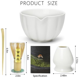 Artcome 4 Pcs Japanese Matcha Tea Set - Matcha Bowl with Pouring Spout, Matcha Whisk, Tea Scoop, Whisk Holder, Handmade Matcha Ceremony Kit For Japanese Tea Ceremony, Ivory
