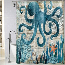 BIVINAR Extra Long Octopus Shower Curtain 72 x 84 Inch, Ocean Themed for Bathroom Decor, Nautical Fabric With 12 Hooks