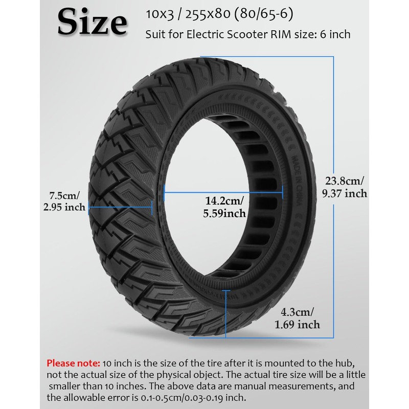 Felixstory 10x3 Off-road Solid Tire, 255x80(80/65-6) Tubeless Scooter Snow Tire