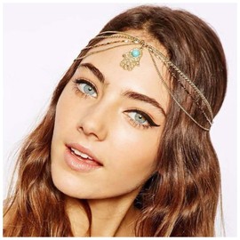 Inateannal Boho Layered Tassel head Chain Gold Hamsa Hand Hair Chain Headband Vintage Turquoise Pendant Headband Chain Prom Party Festival Head Chain Jewelry for Women and Girls