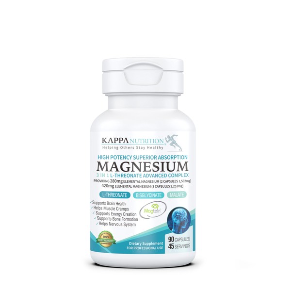 (90 Capsules), 2,253mg Per Serving, Providing 420mg Elemental Magnesium, L-Threonate, Bisglycinate Chelate, Malate, for Brain, Sleep, Stress, Cramps, Headaches, Energy, Heart from Kappa Nutrition.