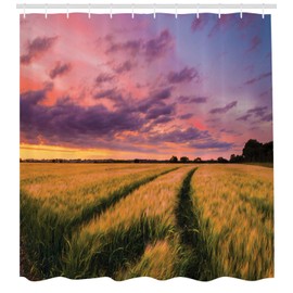 Ambesonne Rústico Cortina de Baño, Las Tierras de Cultivo en el Sunset Dramático, Paño Conjunto de Decoración de Baño de Tela y Ganchos, 75" Alto, Amarillo Verde