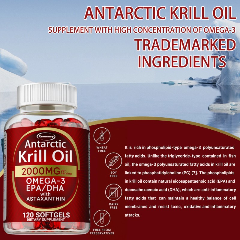 xemenry Antarctic Krill Oil - Omega-3 EPA, DHA, Astaxanthin, Anti