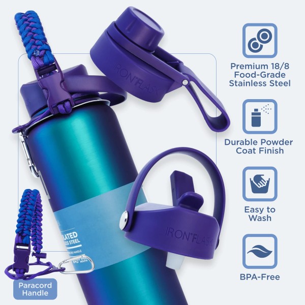 Iron Flask 40oz Wide Mouth Water Bottle with Paracord Handle