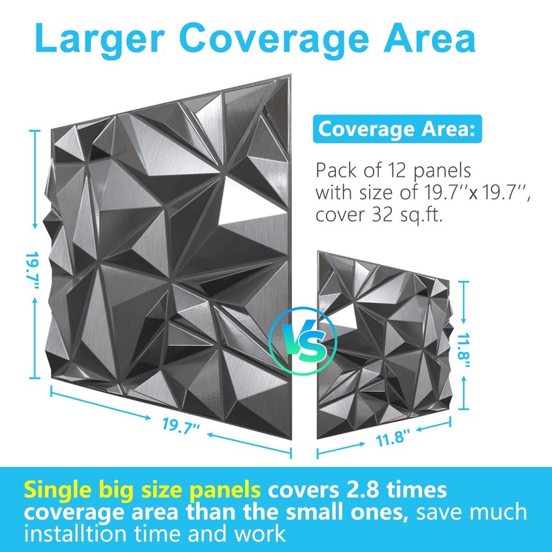 STICKGOO Diamond 3D Wall Panels, Brushed Silver Decorative Wall Covering