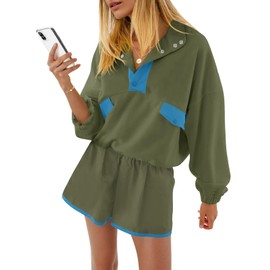 Fisoew Womens 2 Piece Outfits Sweatsuits Casual Snap Color Block Sweatshirts Running Shorts Sets Fall Loose Tracksuits