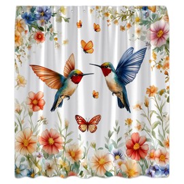 Hummingbird Floral Shower Curtain Rustic Orange Watercolor Floral Plant Bird Pink Purple Wildflower Butterfly Green Leaves Spring Nature Scenery Country Fabric Bathroom Curtain with Hook