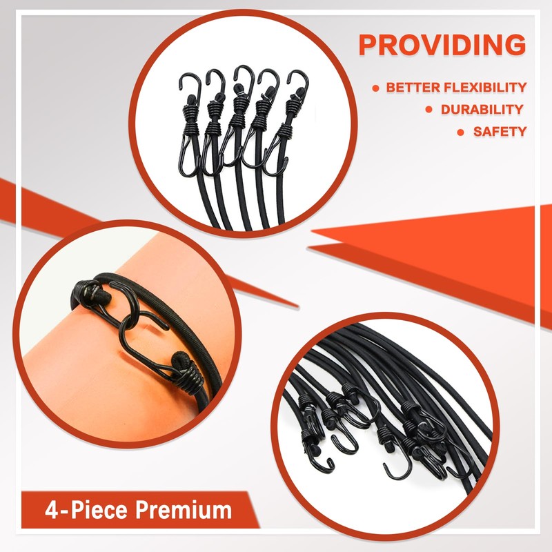Premium Quality Rubber Rope with Hooks 24in, Super Strong Black