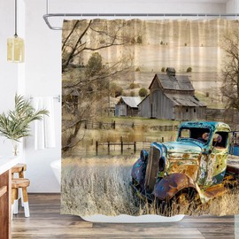 QWRSMYX Farmhouse Vintage Old Truck Shower Curtain for Bathroom Rustic Wooden Barn Retro American Classic Antique Car Farm Truck Fabric Bathroom Decor Set with Hooks 70Wx70H Inch