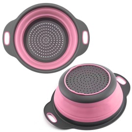 Pink Round Silicone Colander Collapsible – Foldable Kitchen Strainer Small Collapsible Colander Pink with Plastic Handles for Draining Vegetable and Fruit Round Silicone Kitchen Strainer for Pasta