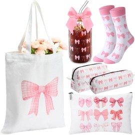 Dansydaisy Coquette Gift for Women Bow Preppy Makeup Bag Set Aesthetic Glass Cups with Lids and Bow, Canvas Pink Tote Bag Gift Set, Bow Themed Gifts for Woman