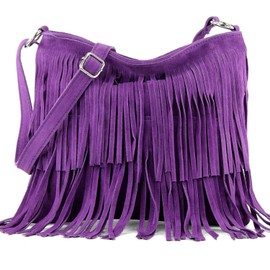 Kitise Womens Bright Colour Real Italian Suede Leather Fringe Shoulder Handbag Ladies Across Body Messenger Side Bag (Purple)