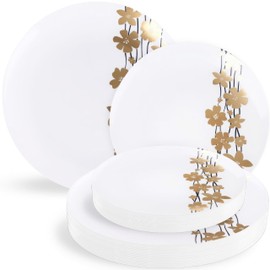 Vine Collection White With Black & Gold Floral Design Combo Plate Set- (7" - 16 Count, 10" - 16 Count) - Disposable Plastic Plates for Parties & Events