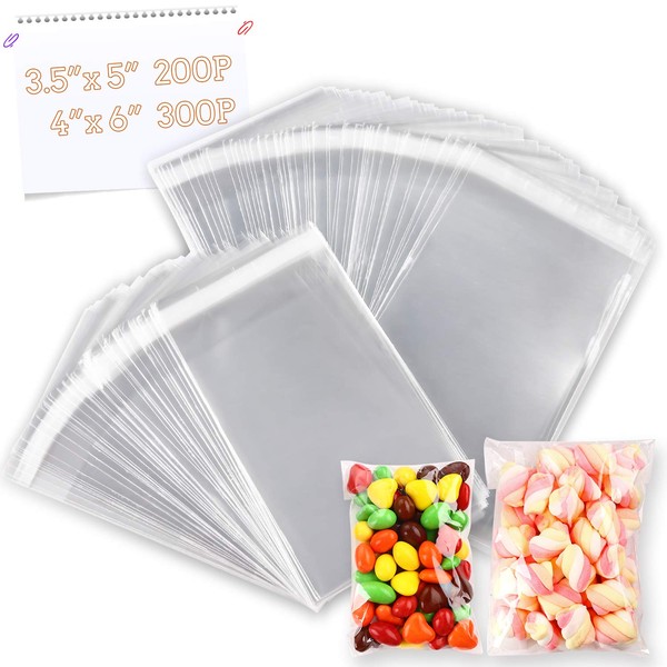 500 PCS Clear Resealable Cello/Cellophane Bags 2 Sizes with 200 PCS 3.5×5 Inches, 300 PCSS 4×6 Inches Good for Bakery, Snacks, Candle, Soap, Cookie, Jewelry, Cards