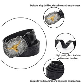 NociHah Men's Western Cowboy Brown Leather Belt - Floral Engraved Cowgirl Belt with Longhorn Bull Buckles as a Gift for Women (Waist 33 - 36 Inches), black