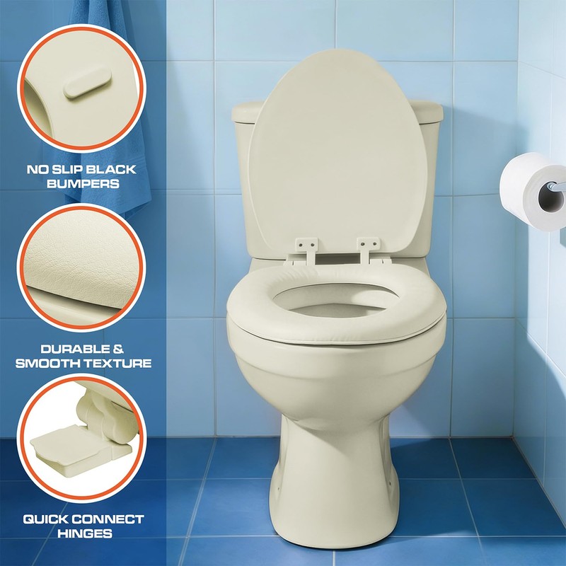 Plexon Soft Cushioned Toilet Seat, Round, Bone, Slow-Close Lid &
