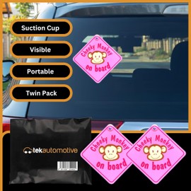 Tek Automotive Pink Cheeky Monkey on Board Car Sign | Twin Pack | Baby on Board Sign for Car | 5.5" x 5.5" with Suction Cup | Baby Car Sticker | Fun Baby on Board Badge for Kids Safety