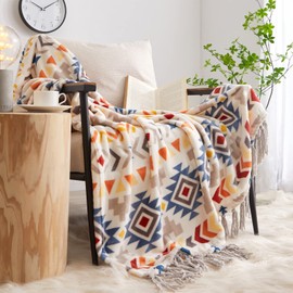 CASAAGUSTO Boho Throw with Tassel - Colorful Decorative, Printed Flannel Bohemian Blanket for Chair, Bed, Sofa, Couch(50 * 60, Colorful)