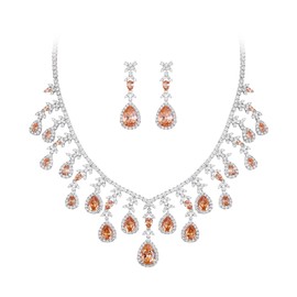 Clearine Wunderschöne Hochzeit Cubic Zirkonia Schmuck Set für Damen Braut Brautjungfer Tropfen Blatt Cluster Aussage Halskette baumeln Ohrringe für Prom Partei Braun Silber Ton