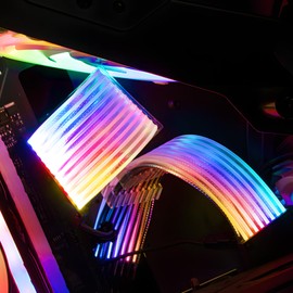 J&D 24 Pin RGB PSU Cable, White Aluminum Foil Braided Wire, Ribbon Fiber Optic Design with 24 LED Beads, Durable and RGB Power Extension Cable for 5V 3-pin argb Header