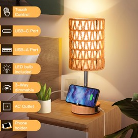Rattan Table Lamps for Living Room, 3 Way Dimmable Touch Lamps, Small Bedside Lamps with LED Bulbs, Phone Stand, USB Ports and AC Outlet, Boho Nightstand Lamp for Bedroom Office (2 Pack Faux Wood)