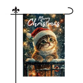 Cat Christmas Garden Flag, 18x12in Double Sided Merry Christmas Garden Flag Cute Christmas Garden Flag Kitten with Christmas Hat Garden Flag Snow Garden Flags for Xmas Outdoor Decoration