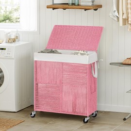 WOWLIVE Double Laundry Hamper with Lid, Handwoven Rolling Laundry Basket with Wheels, 115L Dirty Clothes Hamper with Removable Liner Bag Large Capacity Laundry Sorter Laundry Room Organization,Pink