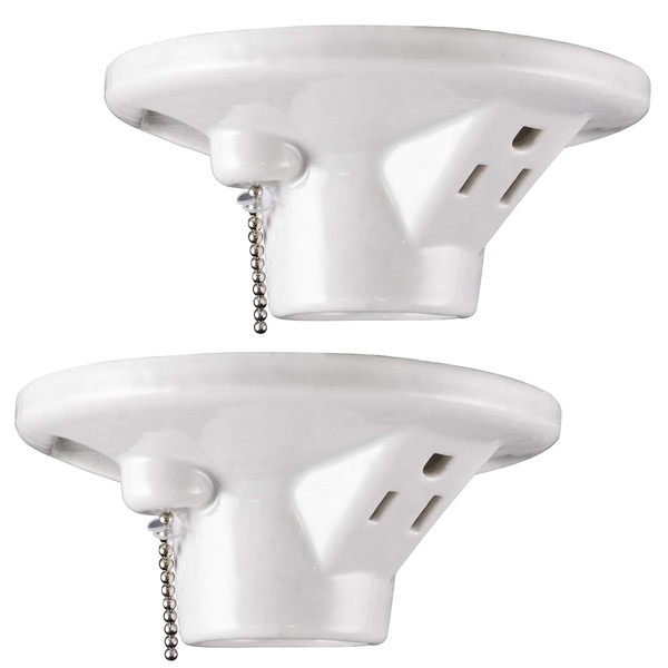 UltraPro Porcelain Lampholder with Outlet and Pull Chain, 2 Pack, Medium Base, Grounded Plug, Indoor Lighting, 3-Prong, Mount on 3-1/4” or 4” Box, UL Listed, White, 54601