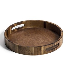 Kalmar Home Acacia Wood 13 Inch Round Serving Tray, 13" x 13" x 2"
