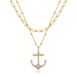 MEVECCO Gold Layered Choker Necklace for Women, 18K Gold Plated Dainty CZ Anchor Pendant Minimalist Paperclip Double Layer Necklace for Jewelry