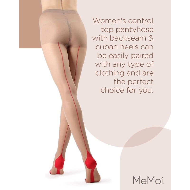 MeMoi Control Top Pantyhose with Backseam & Cuban Heels Nude/Red