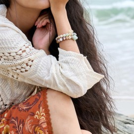 Bivei Crystal Bracelets - Women 8mm Natural Reiki Semi Precious Gemstone Chakras Bead Stretch Bracelet with Lotus Charm(17cm Creativity & Harmony Bracelet)