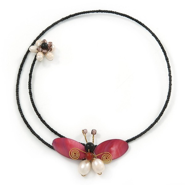 Avalaya Shell Butterfly and Freshwater Pearl Flower Flex Wire Choker