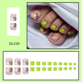 24pcs Press on Toe Nails Short Square Fake Toe Nails Green Acrylic ToeNails with Flower designs Stick on Toenails Full Cover Summer False Toenails Press ones for Women Reusable Manicure