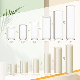 Shihanee Set of 6 Pillar Candles and Glass Cylinder Vases 6 Sizes Clear Tall Cylinder Holders for Pillar Candles Home Table Centerpieces Decoration (Ivory)