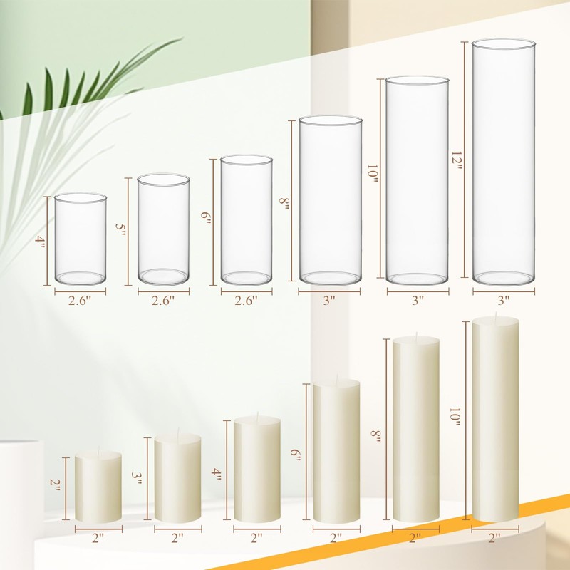Shihanee Set of 6 Pillar Candles and Glass Cylinder Vases