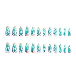 Ocean Press on Nails Medium Almond Fake Nails with Starfish Shell Design Blue Green Beach Glue on Nails Glossy Rhinestone False Nails Reusable Summer Stick on Nails for Women Girls Manicure 24Pcs