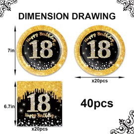 40Pcs 18th Birthday Decorations for Boys Girls Black and Gold Party Decorations for Birthdays Decor Happy Birthday Plates and Napkins Set Party Supplies for Men Women