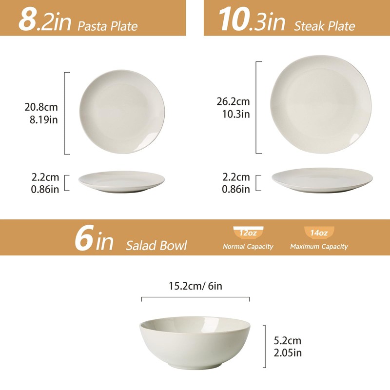 Ceramic Dinnerware 12 Pieces glazed cream white Dinner Set,Plates Pasta