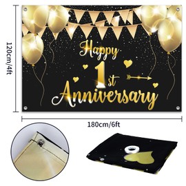 HAMIGAR 6x4ft Happy 1st Anniversary Banner Backdrop - 1 Wedding Anniversary Decorations Party Supplies - Black Gold