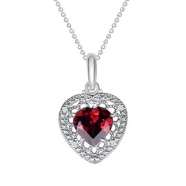 Takar Fine Sterling Silver Heart-Shaped Garnet and CZ Filigree Charm Pendant Necklace, 18"