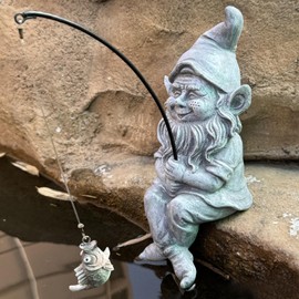 Garden Gnome Pond Statue Decoration, Fishing Gnome Garden Statue Outdoor Koi Pond or Waterfall Decor, 9.7" Stone Gnome Fishing Poolside Statue, Elf Pond Statue, Great Gifts & Housewarming for Mom