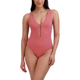 BCBGMAXAZRIA Women's Standard One Piece Swimsuit Lace Up Grommet Tummy Control Quick Dry Bathing Suit, Mauve Pink