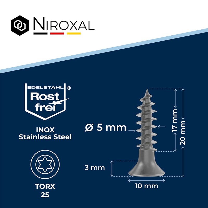 Torx Stainless Steel Screws, Wood Screws 5x20, V2A Stainless Steel,