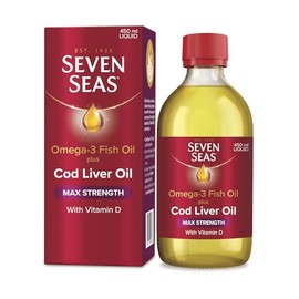 Seven Seas Omega-3 Fish Oil Plus Cod Liver Oil MAX Strength, with Omega-3, Vitamins D and Vitamin E. Food Supplement for Brain2 & Body1-4 Support, 450ml Liquid