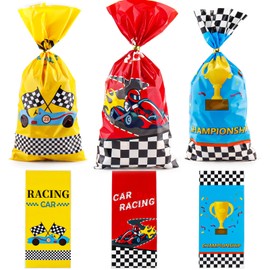 FUNCANDLE 50pcs Race Car Pattern Cellophane Cone Treat Bags with 50 Pcs Silver Twist Ties,Goodie Sack Food Storage for Heat Sealable Candy Gift Bags for Race Car Theme Event Party Supplies Favors