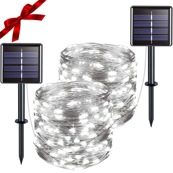 suddus Solar Fairy Lights Outdoor Waterproof, 2 Pack 33ft 100 LED Solar Twinkle Lights, White Solar Christmas Lights for Backyard Trees Patio Deck Garden Birthday Party Wedding Decorations
