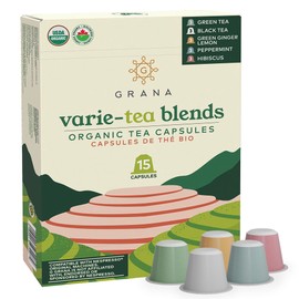 G GRANA Tea Pods, Compatible with Nespresso OriginalLine, 15 Count, Variety Pack of Green Tea, Black Tea, Green Ginger Lemon, Peppermint, and Hibiscus Teas, USDA Organic, Single Serve Capsules